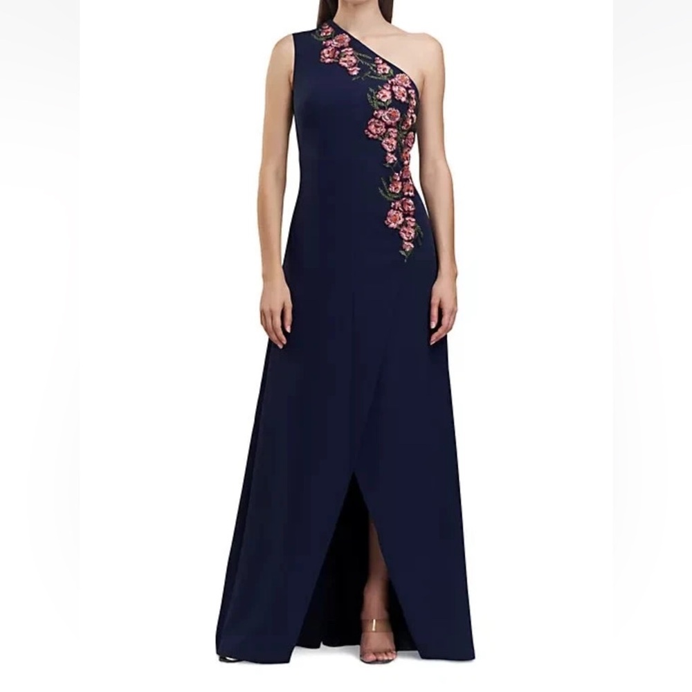 NWT Kay Unger Nadine One Shoulder Floral Appliqué Evening Gown Midnight Blue 6